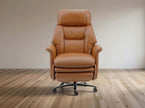 A tan leather recliner chair with a high back, padded armrests, and a chrome five-star rolling base, shown in a minimalist room with light wood flooring and a beige wall.
