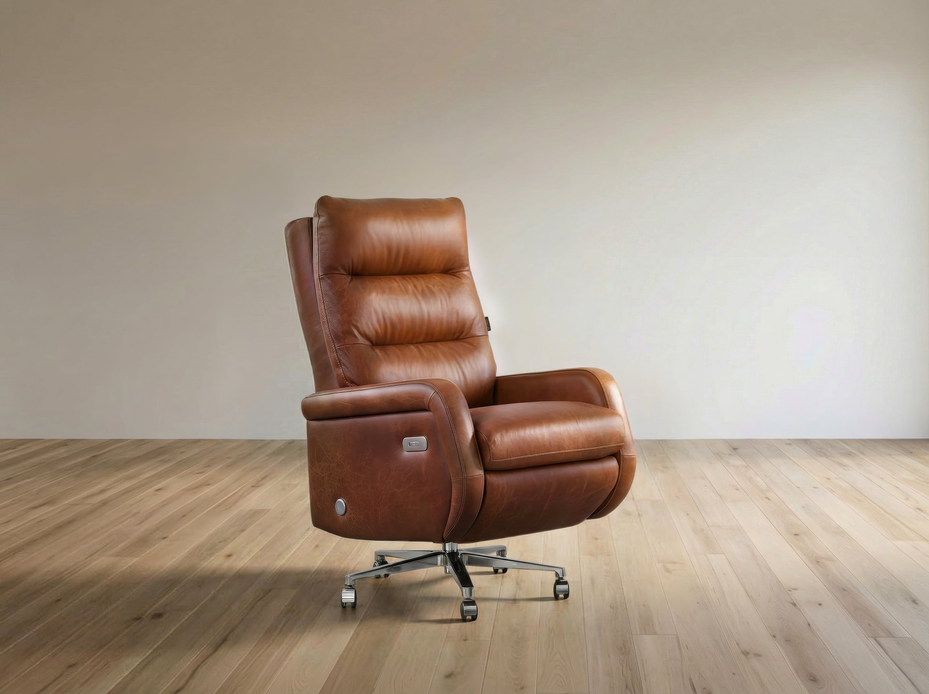 Brown leather recliner chair on a wooden floor with a plain wall background