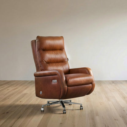 Brown leather recliner chair on a wooden floor with a plain wall background