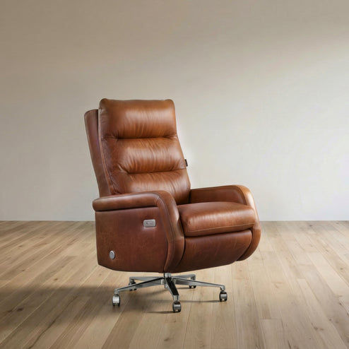 Brown leather recliner chair on a wooden floor with a plain wall background