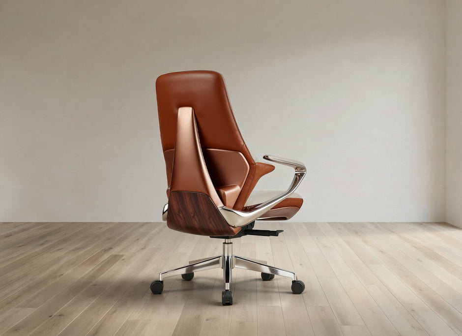 A modern high-back office chair with brown leather upholstery, a dark wood grain side panel, and a chrome five-star base, shown in a minimalist room with light wood floors and a beige wall.