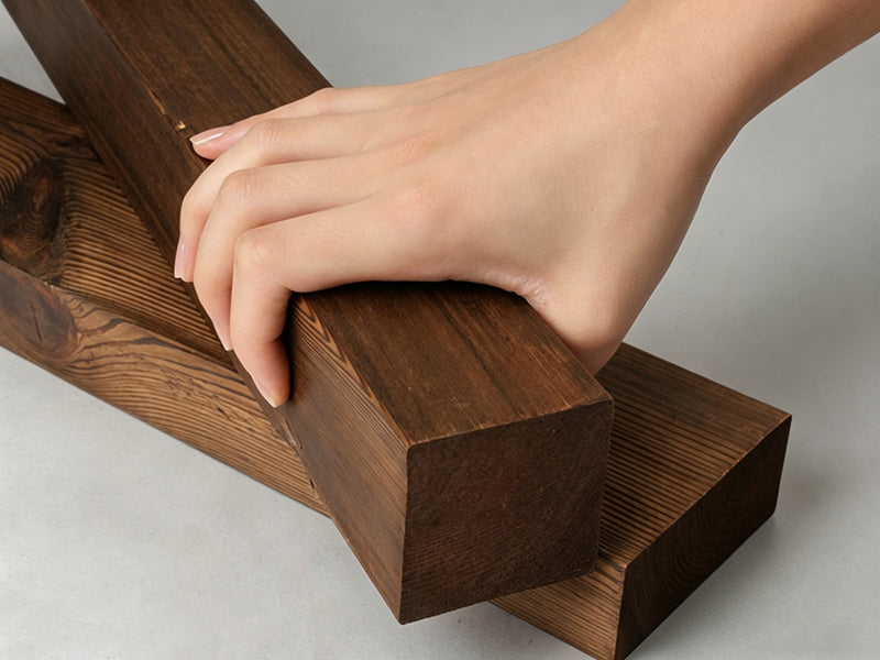 Hand holding a wooden block on a neutral background