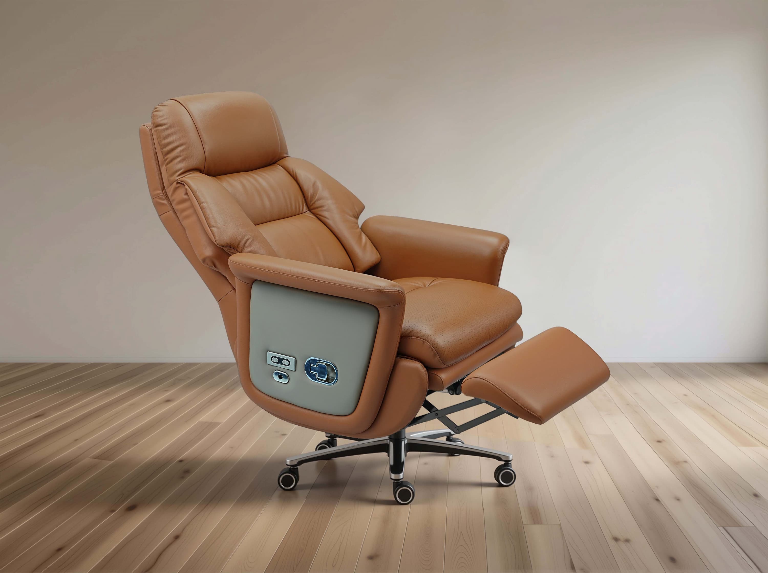 Brown leather recliner chair with ottoman on a wooden floor.