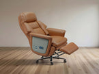 Brown leather recliner chair with ottoman on a wooden floor.
