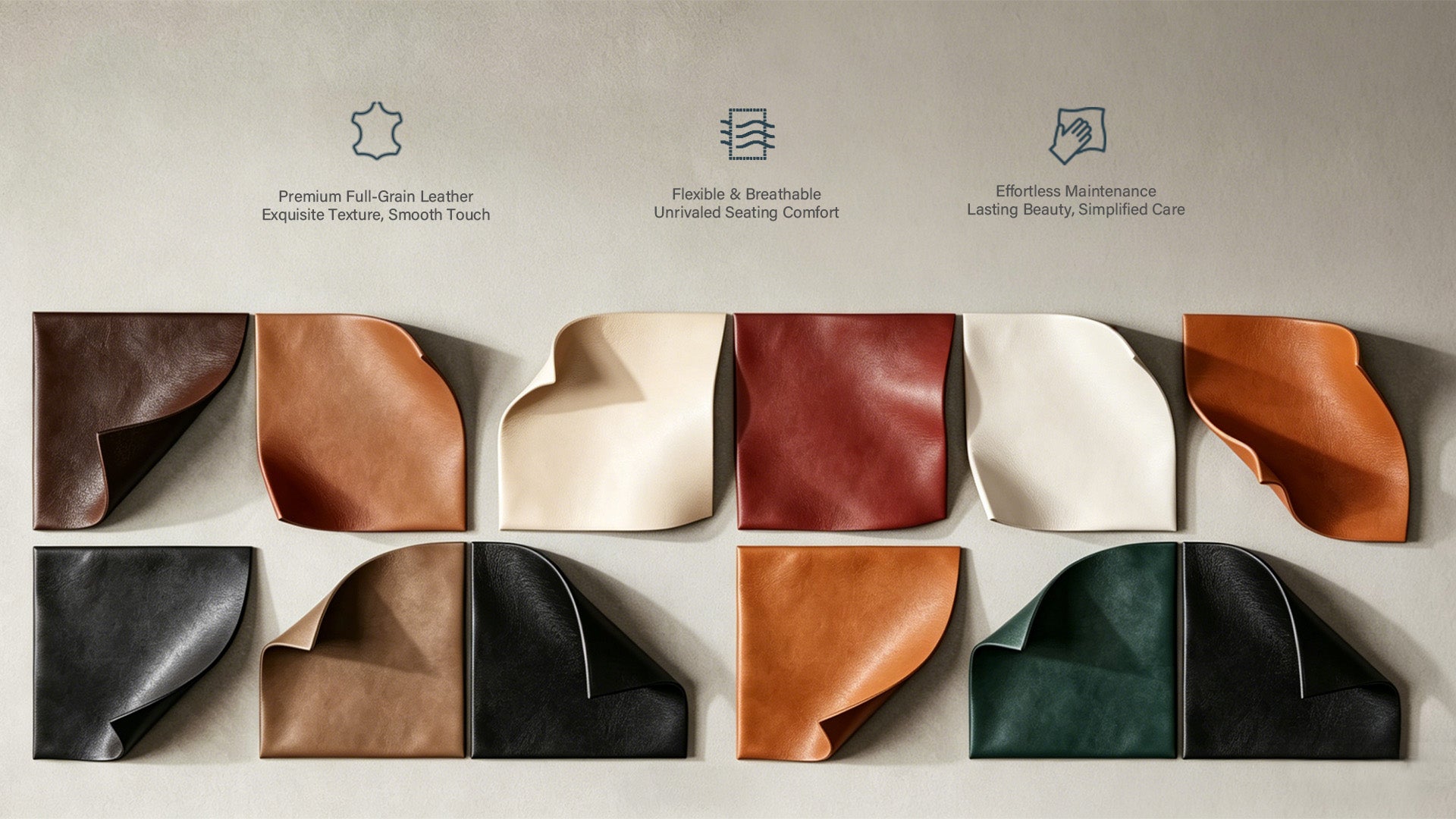 Premium Full-Grain Leather
Exquisite Texture, Smooth Touch
Flexible & Breathable
Unrivaled Seating Comfort
Effortless Maintenance
Lasting Beauty, Simplified Care