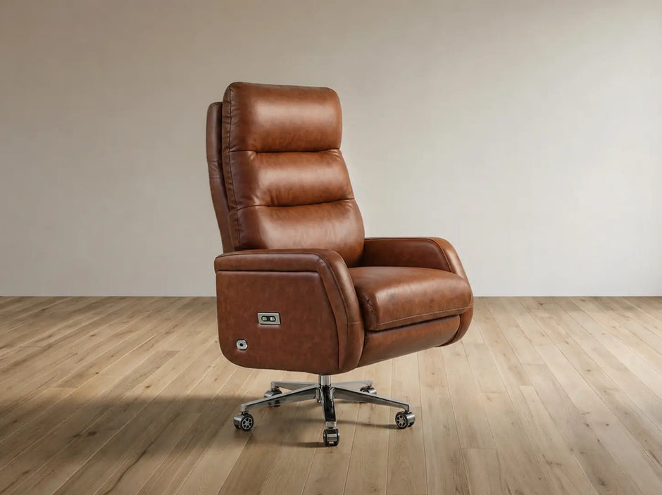A brown leather high-back recliner chair with a five-star wheeled base, shown in a minimalist room with light wood floors and a beige wall.