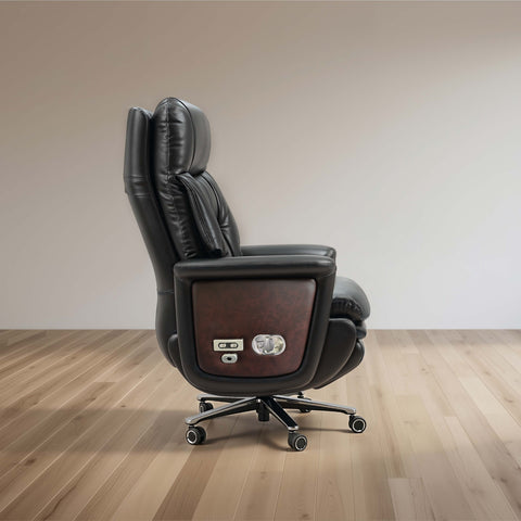 Brown leather recliner chair on a wooden floor with a plain wall background
