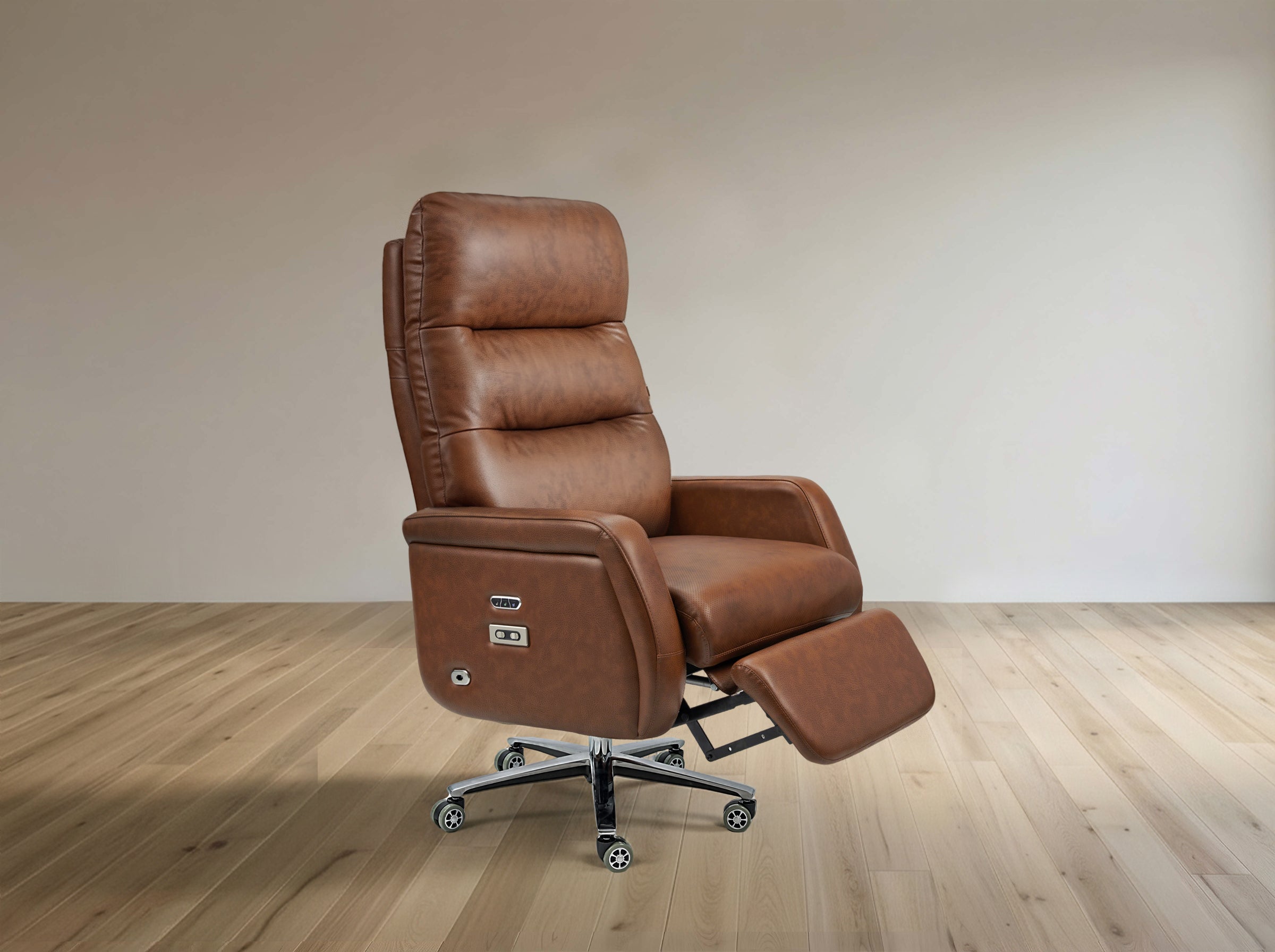 Brown leather recliner chair on a wooden floor with a plain wall background