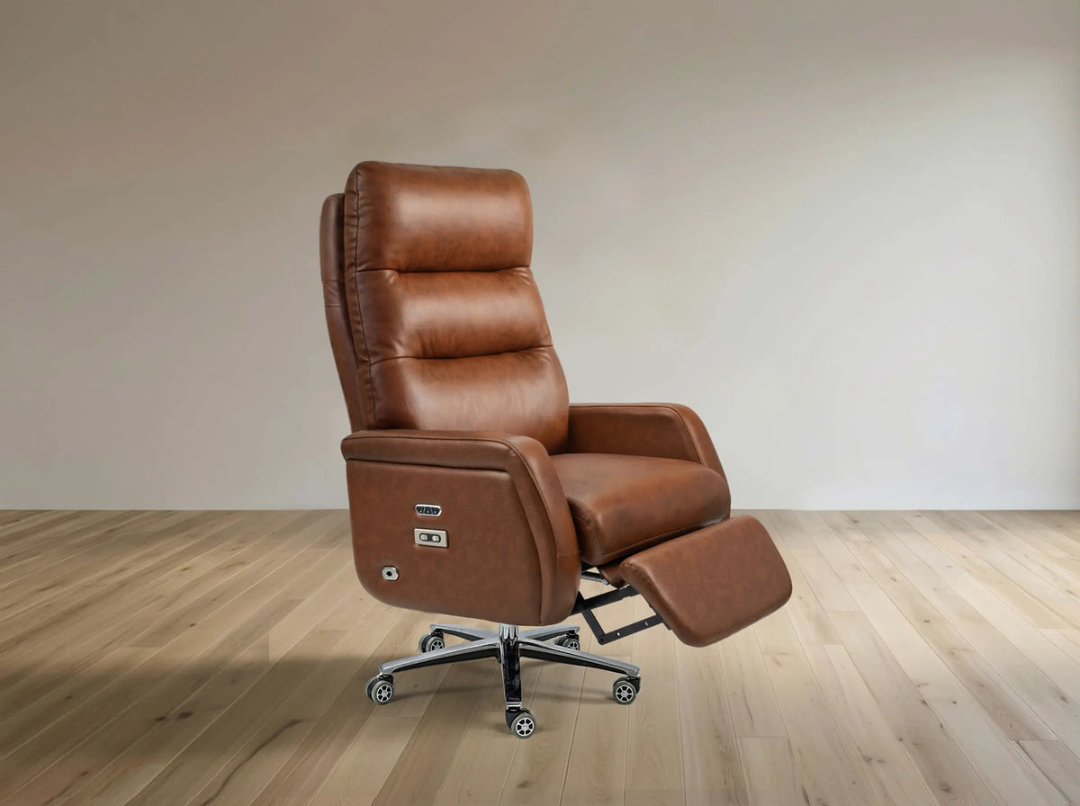 Brown leather recliner chair on a wooden floor with a plain wall background