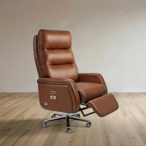 Brown leather recliner chair on a wooden floor with a plain wall background