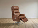 Brown leather recliner chair on a wooden floor with a plain wall background