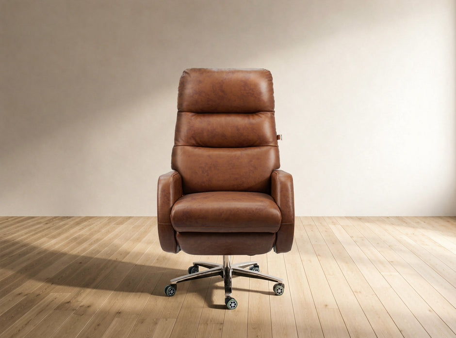 Brown leather office chair on a wooden floor with a neutral wall background