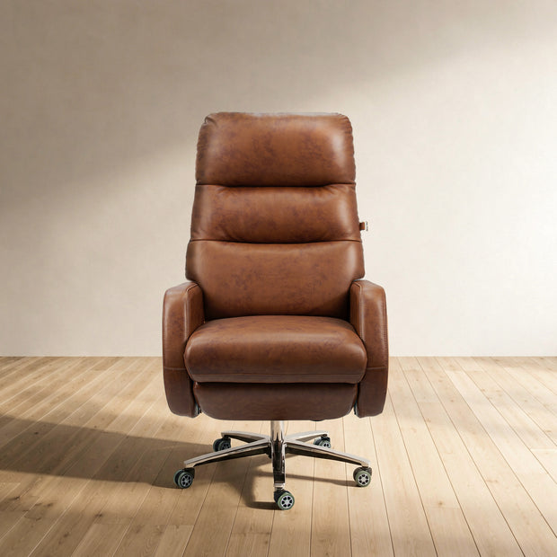 Brown leather office chair on a wooden floor with a neutral wall background