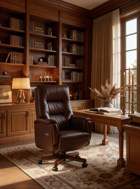 Luxurious home office with leather recliner chair, bookshelves, and desk.