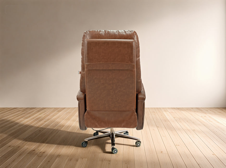 Brown leather recliner chair on a wooden floor with a beige wall background