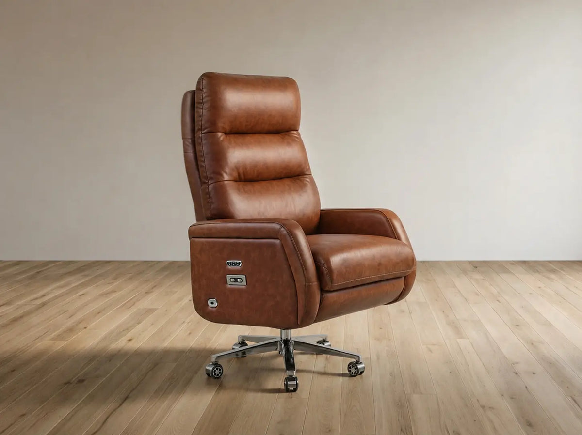 A brown leather recliner office chair with a five-star wheeled base, shown in a minimalist room with light wood floors and a beige wall.