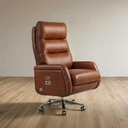 A brown leather recliner office chair with a five-star wheeled base, shown in a minimalist room with light wood floors and a beige wall.