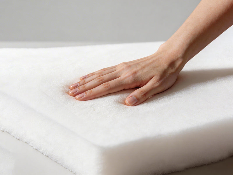 Hand touching a white mattress to check its softness on a light gray background