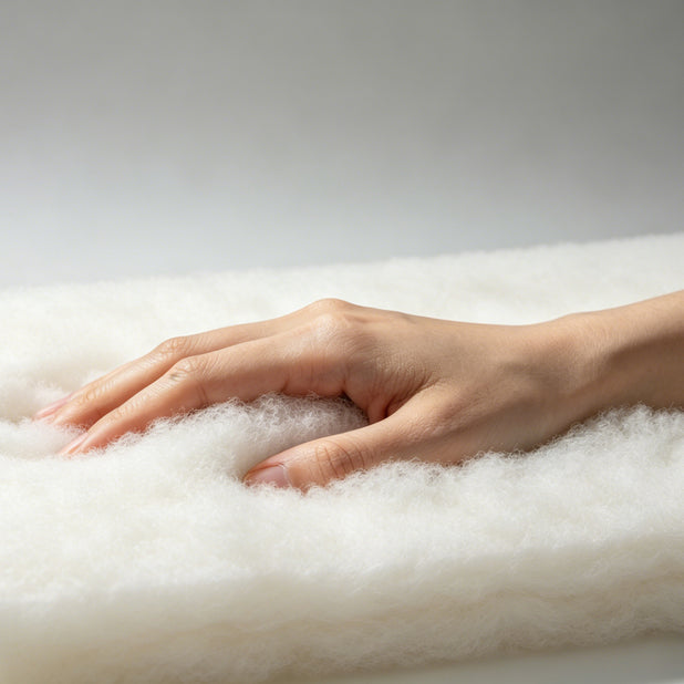 Hand resting on a soft white surface with a blurred background