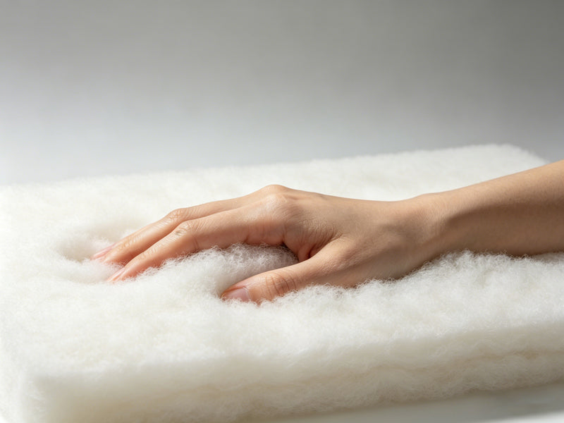Hand resting on a soft white surface with a blurred background