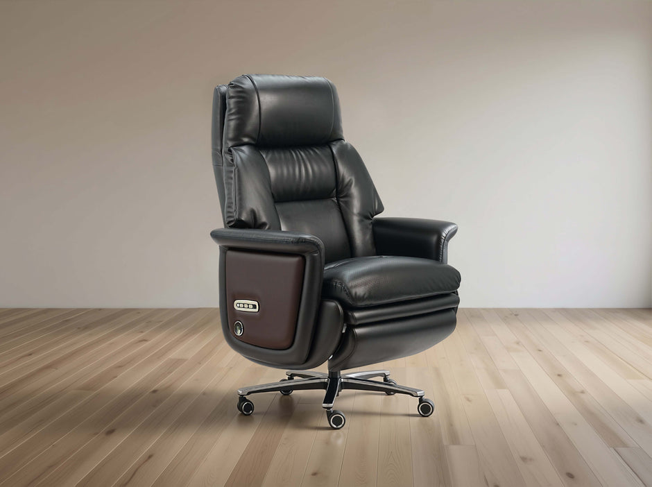Black leather recliner chair on a wooden floor with a beige wall background