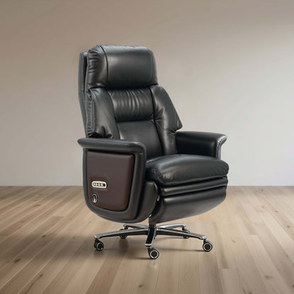 Black leather recliner chair on a wooden floor with a beige wall background