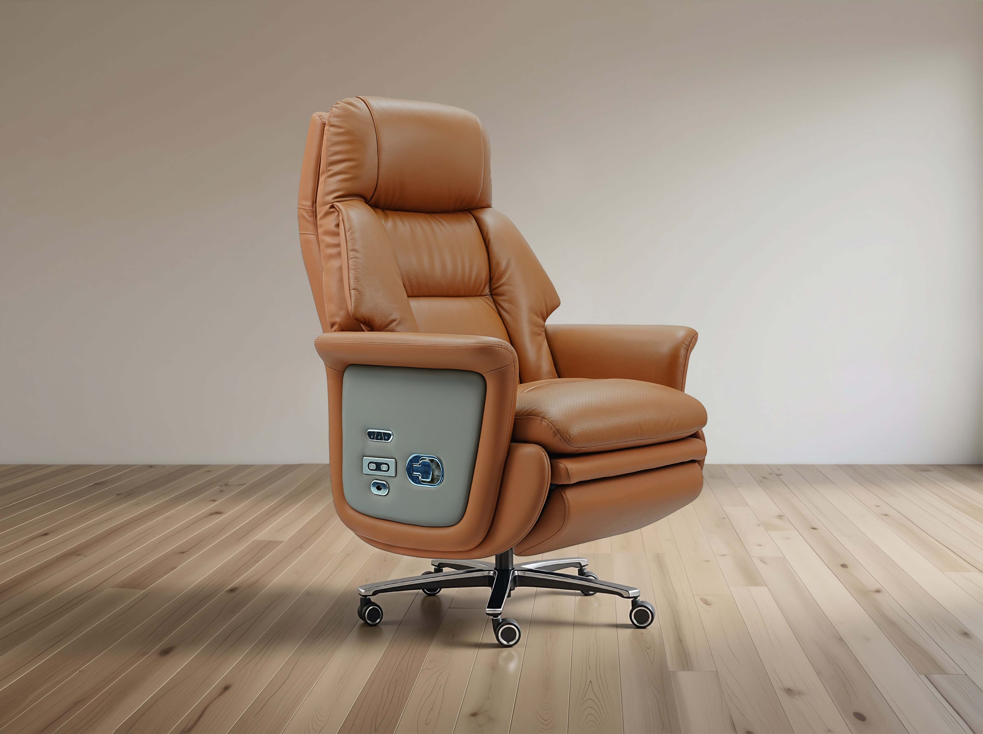 Brown leather recliner chair with control panel on a wooden floor and white wall background