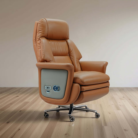 Brown leather recliner chair on a wooden floor with a plain wall background