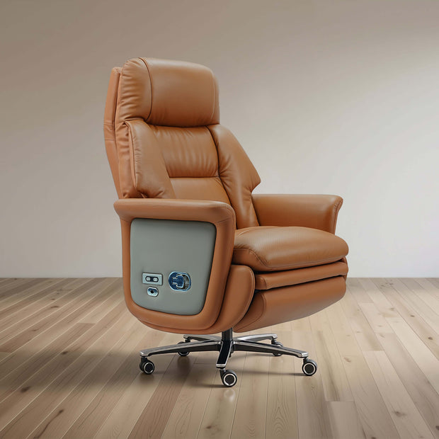 Brown leather recliner chair on a wooden floor with a plain wall background