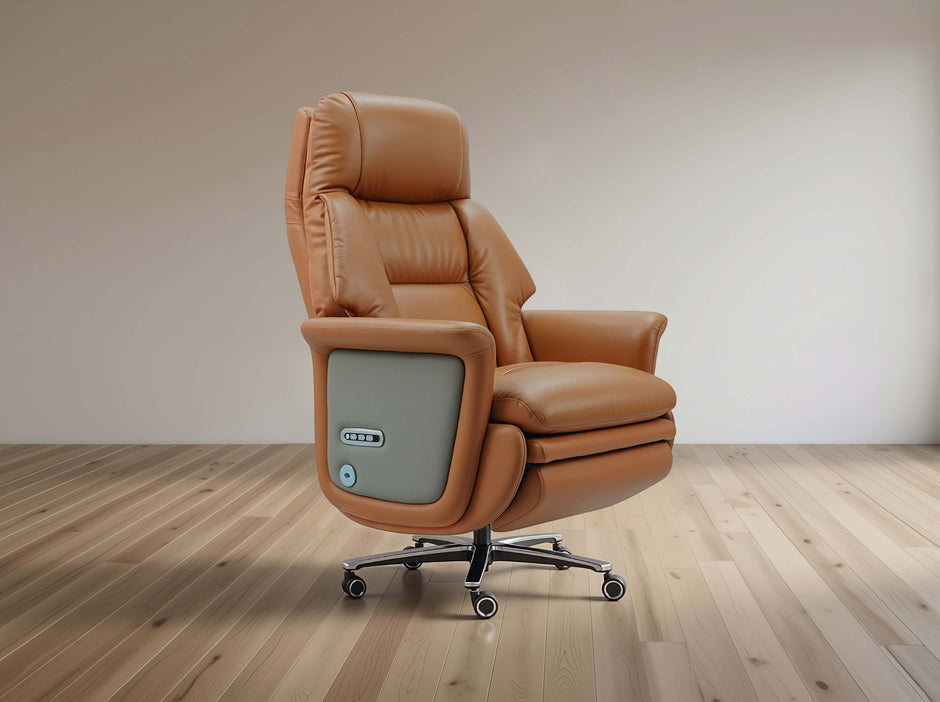 Brown leather recliner chair on a wooden floor with a plain wall background