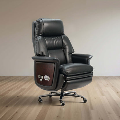 Black leather recliner chair on a wooden floor with a plain wall background