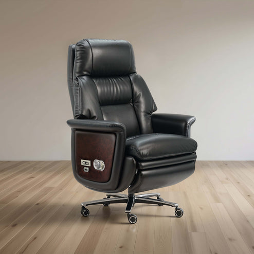 Black leather recliner chair on a wooden floor with a plain wall background