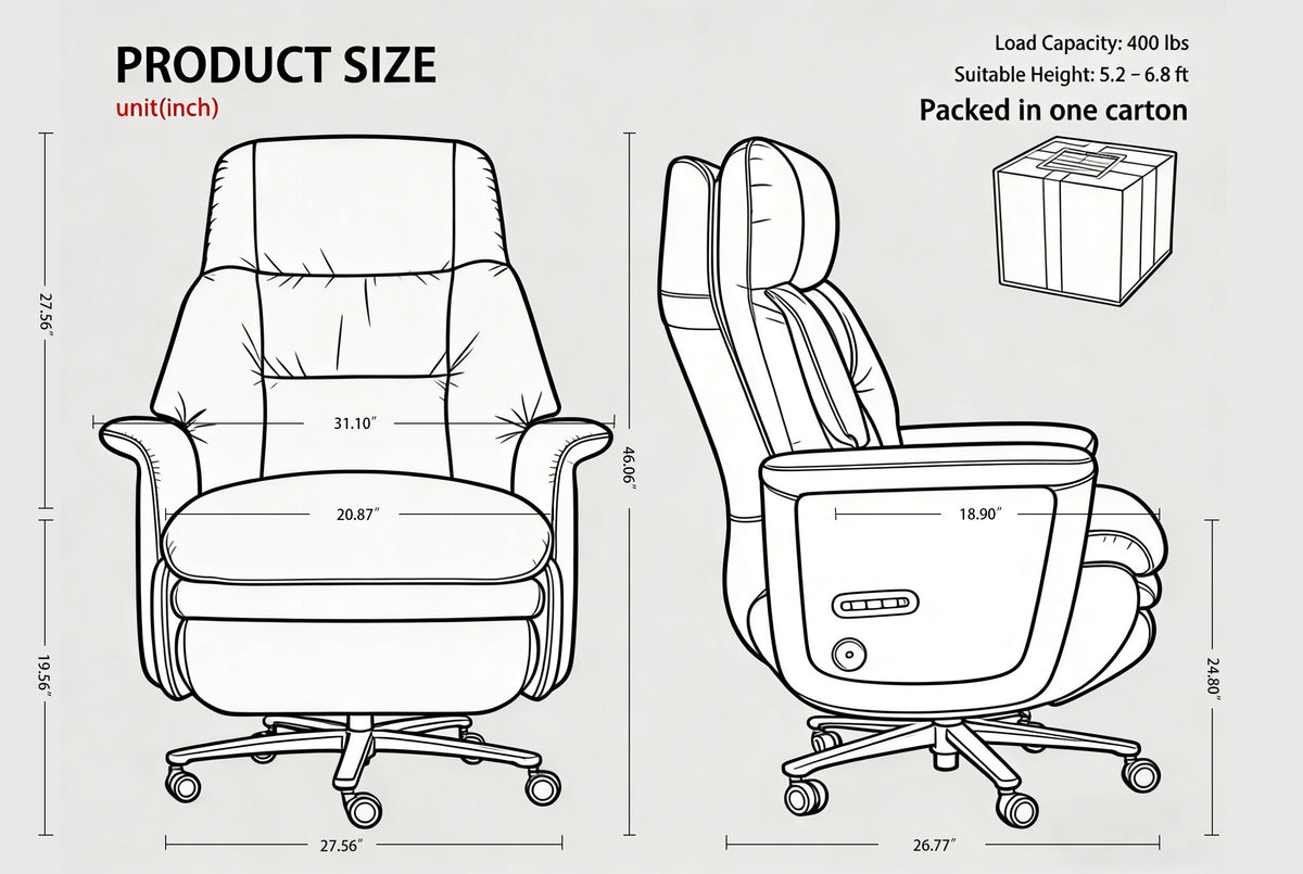 Ergonomic chair with dimensions and packaging information on a white background