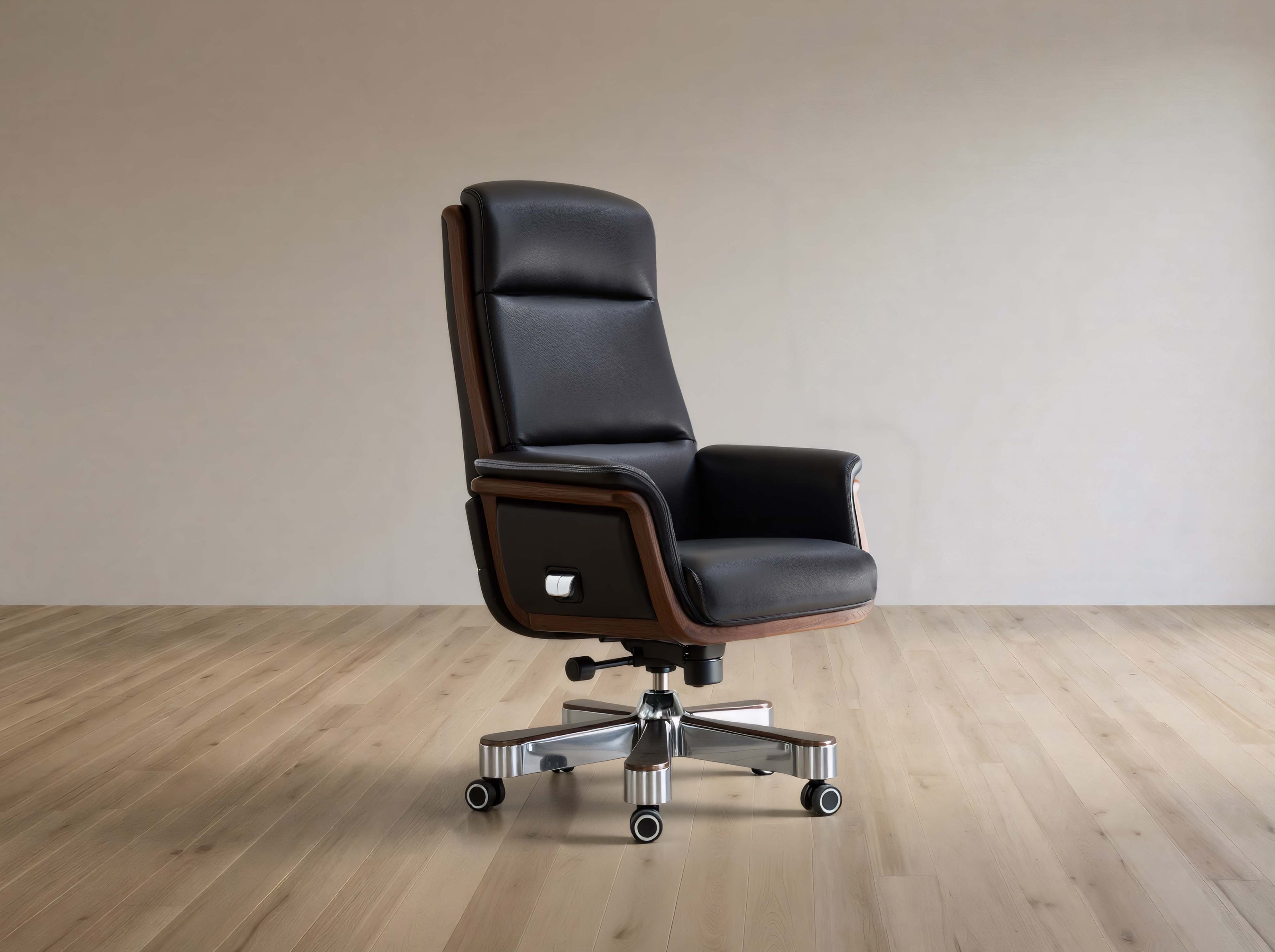 Black office chair with wooden accents on a wooden floor.