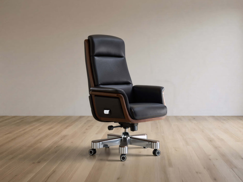 Black office chair with wooden accents on a wooden floor.