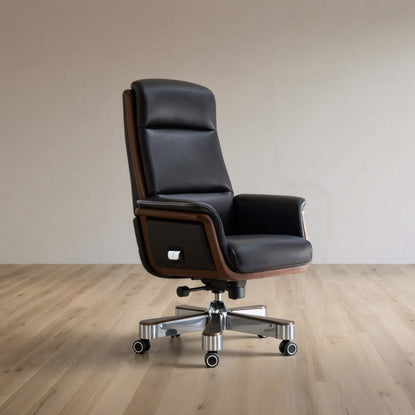 Black office chair with wooden accents on a wooden floor.