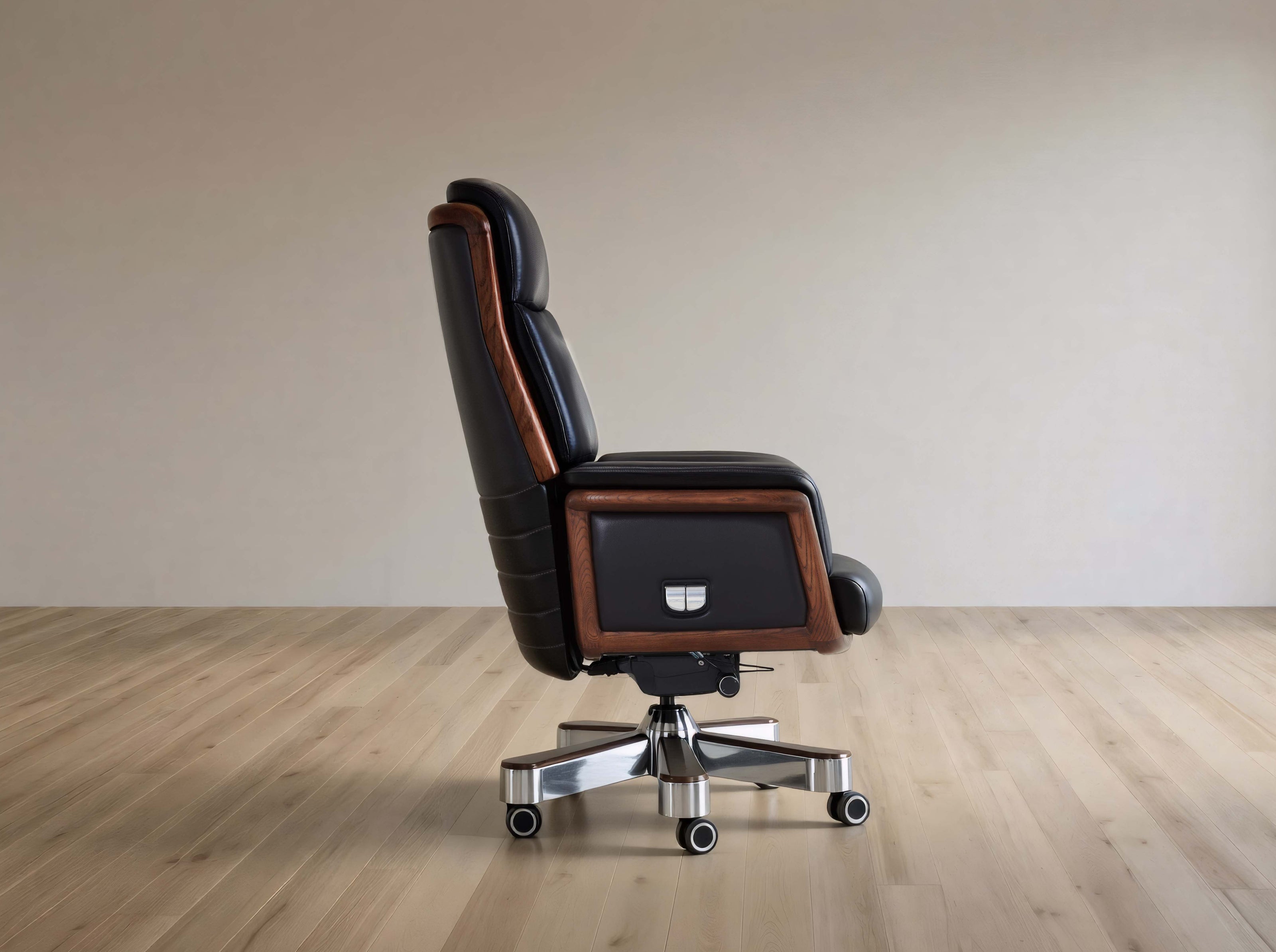 Luxury office chair with wooden accents in a minimalistic room.
