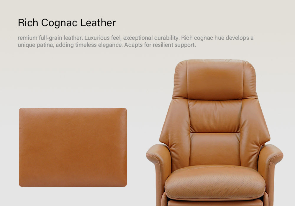 Rich Cognac Leather
remium full-grain leather. Luxurious feel, exceptional durability, Rich cognac hue develops aunique patina, adding timeless elegance. Adapts for resilient support.